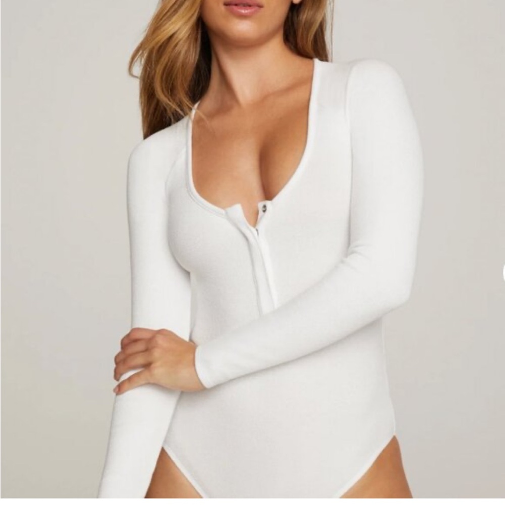 Good American Size 3 Large White Button‎ Up Henley  Front Long Sleeve Bodysuit